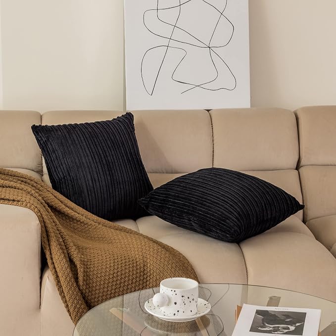 Kevin Textile Striped Corduroy 24”x24” Pillow Covers 2 Pack, Black