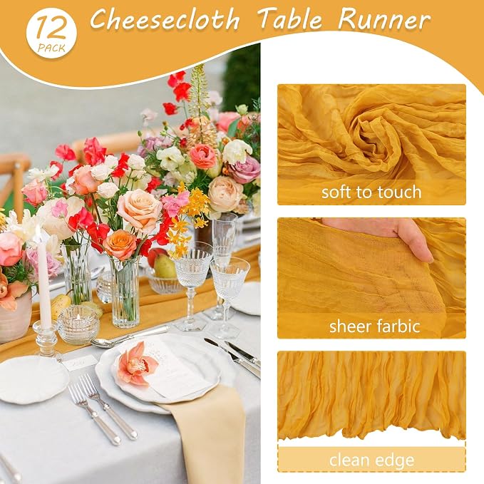 Fivenl Boho Gauze Table Runner - 35x72 Inch, Rustic Cheese Cloth, Long Table Runner for Wedding, Bridal Shower, Birthday Party Decor (Mustard)
