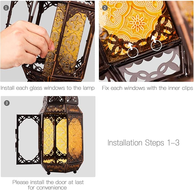 Lewondr Ramadan Lantern Decorations, Glass Moroccan Bookshelf Lantern, Gold | 12 Inch, Portable Candle Holder, Hanging or Tabletop, Metal Hollow-Out Design, Vintage Decorative, for Home Porch Patio Decor