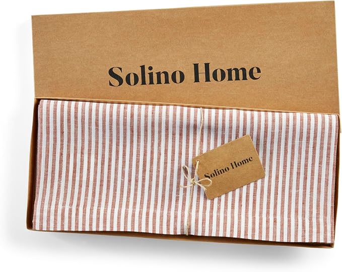 Solino Home 100% Linen Table Runner, 14 x 48 in, Cinnamon and White Striped | Narrow Stripe, a graceful centrepiece for dining and gatherings, woven stripe, European flax fibres, soft, OEKO-TEX Certified