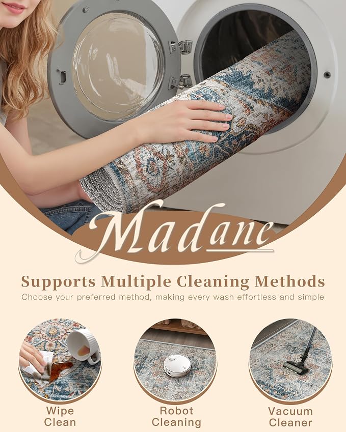 Madane Washable Area Rug 2x3 Small Entryway Rugs Non-Slip, Navy | Vintage Stain-Resistant Door Mat Indoor Entrance, Low Pile Floor Carpet for Inside Front Bedroom Kitchen Entry Laundry, Stair