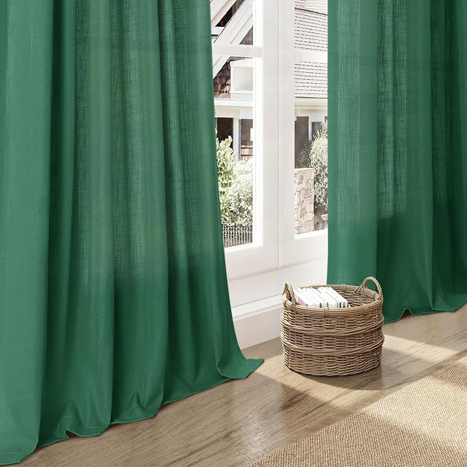 Dark Green Linen Curtains 102 Inches Long Rod Pocket Back Tab Drapes 2 Panels Set for Living Room Sheer Light Filtering Sheer Emerald Green Curtain 102 Length for Patio Sliding Glass Door 52x102