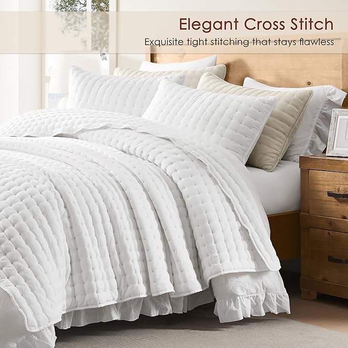 WDCOZY White Queen Size Quilt Bedding Sets with Pillow Shams, Lightweight Soft Bedspread Coverlet, Quilted Blanket Thin Comforter Bed Cover, All Season Summer Spring, 3 Pieces, 90x90 inches