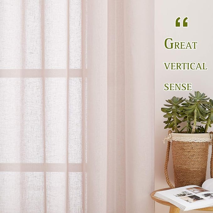 NICETOWN Flax Natural Blend Semi Sheer Curtains 72" L for Nursery, Decorative Grommet Semitransparent Casual Window Treatment Privacy Protect for Flat/Apartment, 52" W, 2 PCs, Dusty Blush