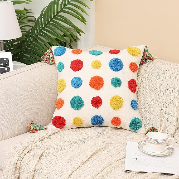 PLWORLD Boho Chenille Throw Pillow Cover 18x18, Tufted Tassel Cushion Case, 1PC Cover Only, No Insert