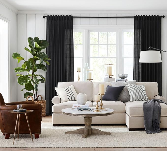 Jowels Black Linen Curtains 108 Inch Long 2 Panels for Living Room | Light Filtering Semi Sheer Curtain, Back Tab Pocket Pleated Look, Boho Farmhouse Textured Privacy Drapes for Bedroom Window
