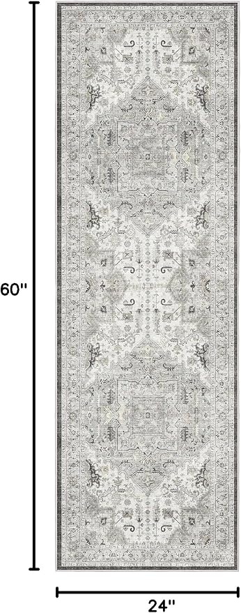 Madane Hallway Runner Rug 2x5 Washable Entry Rugs Non-Slip, Ivory/Brown | Vintage Printed Low-Pile Kitchen Runners, Soft Low-Pile Stain-Resistant Throw Carpet for Bedroom Entrance Laundry Room 2'x5'