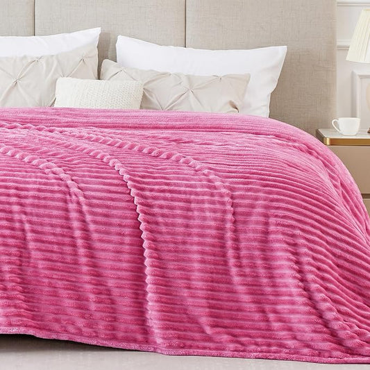 BEDELITE Ribbed Jacquard Hot Pink Blankets Queen Size for Bed, 90x90 Inch | Soft Warm Decorative Fluffy Blanket, Cozy Fuzzy Lightweight Plush Fleece Throw Blankets for Bed, Room Decor, Gift for Women