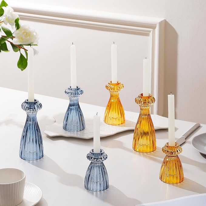 Lysenn Glass Candlestick Holders, Taper Candle Holders Set of 6, Dark Blue