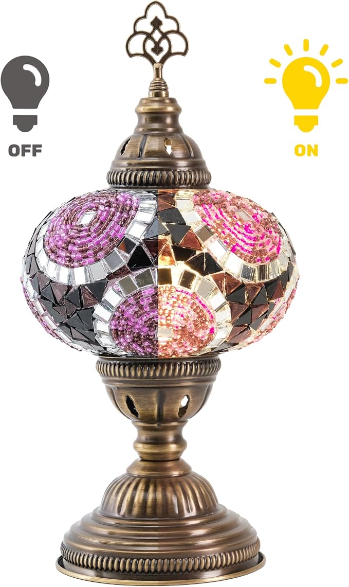Turkish Lamp, Mosaic Table Lamp, Antique Moroccan Decorative Glass Bohemian Vintage Lamp Shade, Small Desk Tiffany Bedside Stained Glass Lamp with US Plug and E12 Socket