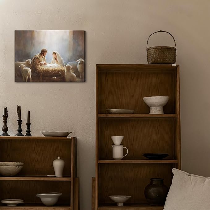 Framed Jesus Camvas Wall Art, Christian Wall Decor Painting, Nativity Scene Print, Jesus and Lamb Religious Artwork Picture for Living Room Bedroom Church Decor 16x24Inch