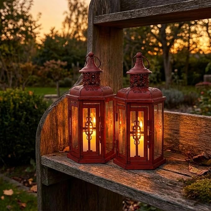 JHY DESIGN Set of 2 Decorative Candle Lanterns 10“H Vintage Hanging Lanterns Metal Candleholders for Indoor Outdoor Events Parities Gothic and Halloween (Red with Black Brush)