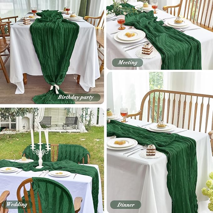 IVAPUPU Emerald Green Table Runner 120 Inch for Christmas Party Home Decor | 4 Pcs Boho Gauze 10FT Cheesecloth Table Runners for Wedding Baby Shower Decorations Summer Garden Farmhouse