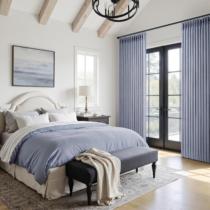 Sheer Linen Pinch Pleated Light Filtering Greyish Blue 90 Inch Curtains