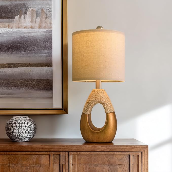 OYEARS 19" Table Lamps Set of 2, Boho Lamps for Living Room, Rustic Bedside Lamps for Bedroom, Farmhouse Rattan Table Lamp, Small Space Nightstand Lamp for Home Office (Bulb Not Included, Gold)