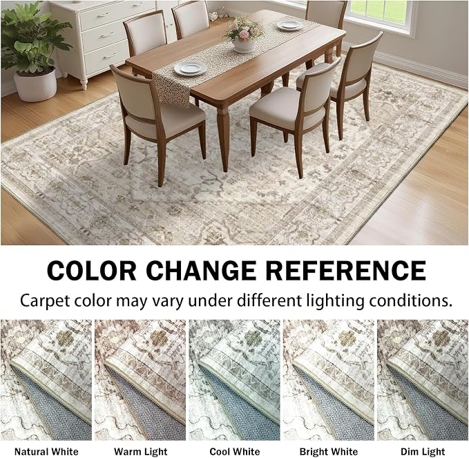 AooHHooA Washable Area Rug 8x10 Soft Stain Resistant Boho Vintage Rugs with Non Slip Backing, Low Pile Lightweight Large Rug for Living Room Bedroom Dining Room