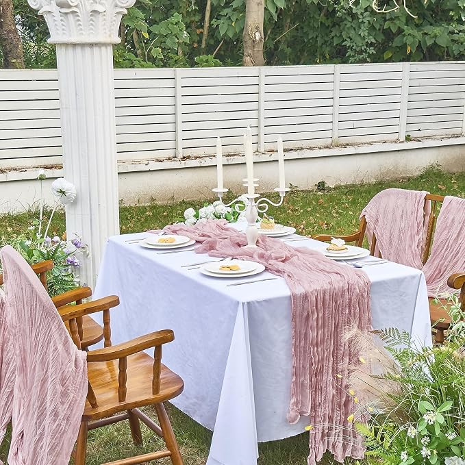 IVAPUPU Dusty Pink Table Runner 120 Inches for Birthday Party Home Decor | 6 Pcs Boho Gauze 10FT Cheesecloth Table Runners for Wedding Baby Shower Decorations Summer Garden Farmhouse