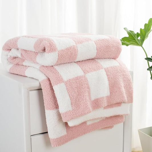 Carriediosa Checkered Throw Blanket 50x60, 400GSM Ultra Soft Microfiber | Dusty Pink, Fuzzy Fluffy Cozy Plush Knit Knitted Plaid Checker, Lightweight Cute Preppy Fall Blankets & Throws for Couch, Bed