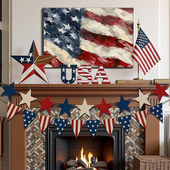 Framed Bald Eagle American Flag Wall Art, Patriotic Rustic Canvas Art Pictures, USA Eagle Wall Decor, Made in USA Ready to Hang for Office Man Cave Living Room
