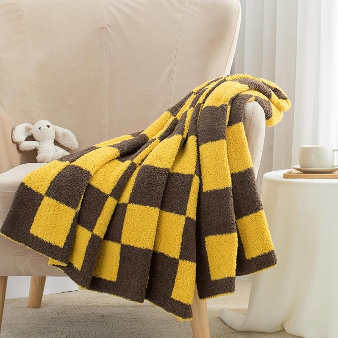 Carriediosa Checkered Throw Blanket 50x60, 400GSM Ultra Soft Microfiber | Yellow, Fuzzy Fluffy Cozy Plush Knit Knitted Plaid Checker, Lightweight Cute Preppy Fall Blankets & Throws for Couch, Bed