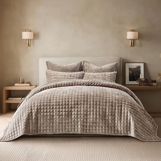 RECYCO Channel Box Stitch Velvet Quilt Set, Full Queen Size, Natural Tan | Ultra Soft Lightweight Velvet Comforter, Luxury Oversized Bedspread Coverlet, Quilted Bedding Set for All Season with 2 Shams
