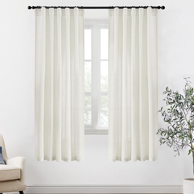 XTMYI 72 Inch Long Linen Curtains for Living Room,Sheer Semi Privacy Back Tab Hooks Pleated Light Filtering Sidelight French Door Curtain Drapes 72 Inch Length 2 Panels Set,Cream Ivory