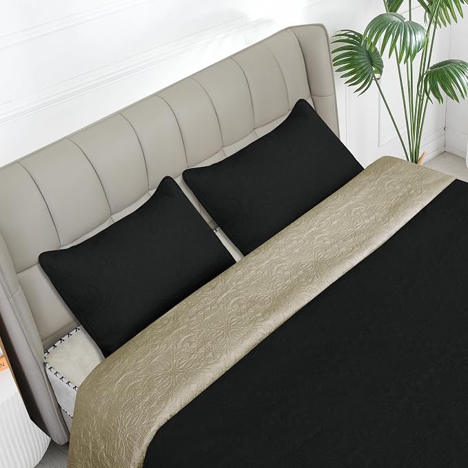 Easy-Going Reversible Quilt Set Full/Queen, Bedspread with 2 Shams | Damask-Black/Beige, Lightweight Microfiber Bed Comforter, 1 Quilt + 2 Pillow Shams, All-Season Coverlets for Bedroom