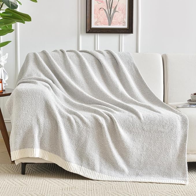 Chunky Knit Boucle Throw Blanket, Soft Washable Coastal Blanket for Bed Couch, Lightweight Cozy Oversized Feather Knit Blanket Indoor Outdoor for Sofa (Grey, Twin 60"x80")