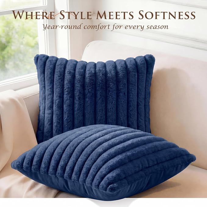 Pack of 2 Throw Pillow Covers 20x12 Decorative Solid Plush Faux Fur with Soft Velvet Back, Square Striped Cushion Cases Modern Farmhouse Home Decor for Living Room Couch Sofa Bed Navy Blue