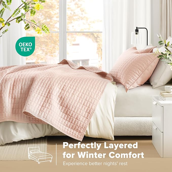 Comfort Spaces Kienna Queen Quilt Bedding Set 3 Piece, 90"x90" Blush | Soft Cozy Lightweight Summer Coverlet Full Size, Quilted Bedspreads Extra Layer, Modern Casual Bedroom Decor, OEKO-TEX