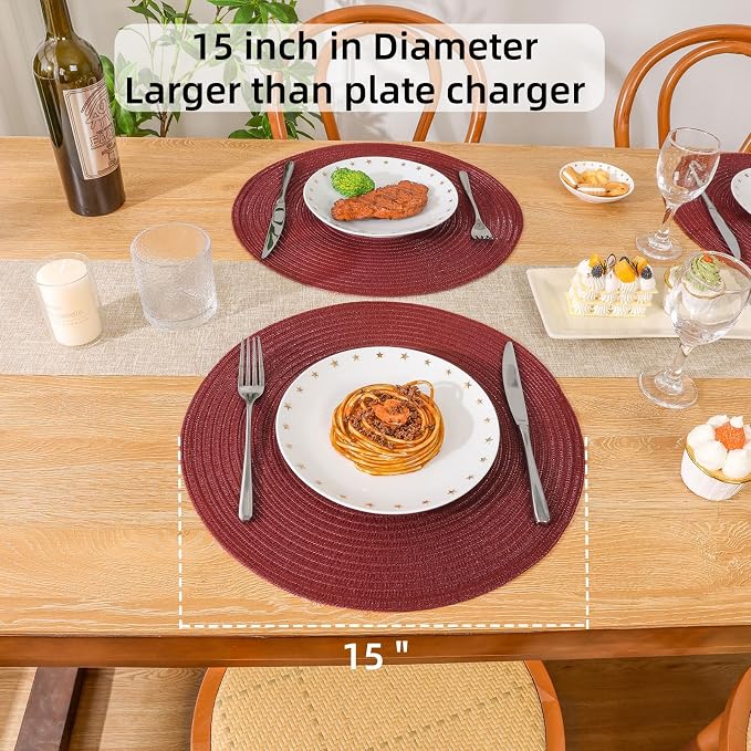 SHACOS Round Placemats Set of 8 for Dining Table 15 inch Round Braided Place Mats Cotton Polyester Washable Non Slip Kitchen Table Mats, Burgundy