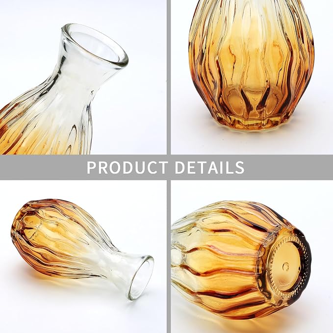 Glass Bud Vases Set of 4, Small Brown Flower Vases for Wedding Centerpieces | Clear Vintage Embossed Mini Vases for Table Decorations, Flower Arrangements in Vases for Party or Home Decor