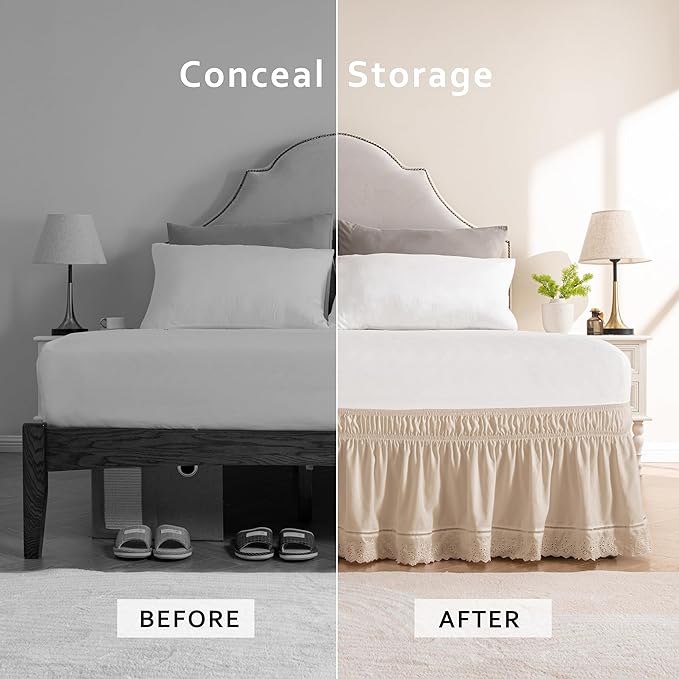 MIYE Wrap Around Ruffled Lace Bed Skirt, Elastic Dust Ruffle with Adjustable Belts, Easy to Put On, Bed Frame Cover, Machine Washable (Embroidered/Beige, Full/Twin-15 Drop)