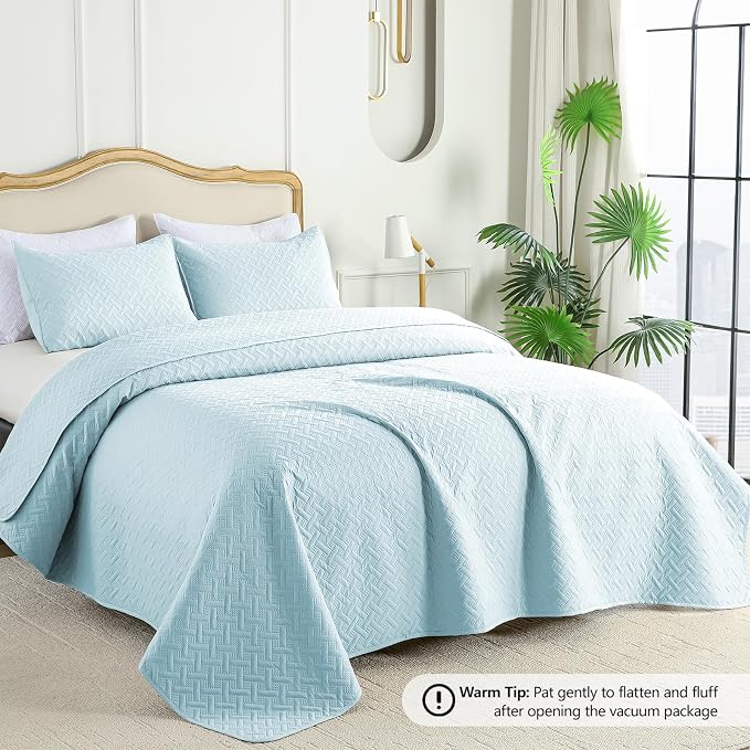 FLYMME Twin Quilt Set, Lightweight Sky Blue Bedspreads, Basket Weave Pattern,Ultra Soft Microfiber Bedspread Bed Coverlet 2 Pieces for All-Seasons (1 Quilt, 1 Sham)