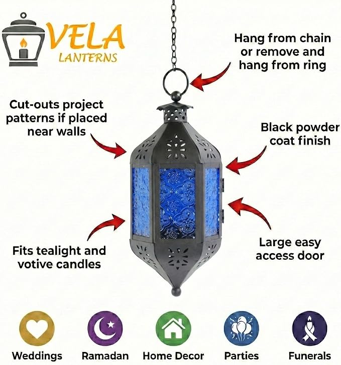 Vela Lanterns Decorative Indoor Outdoor Hanging Candle Holder, Cobalt Blue