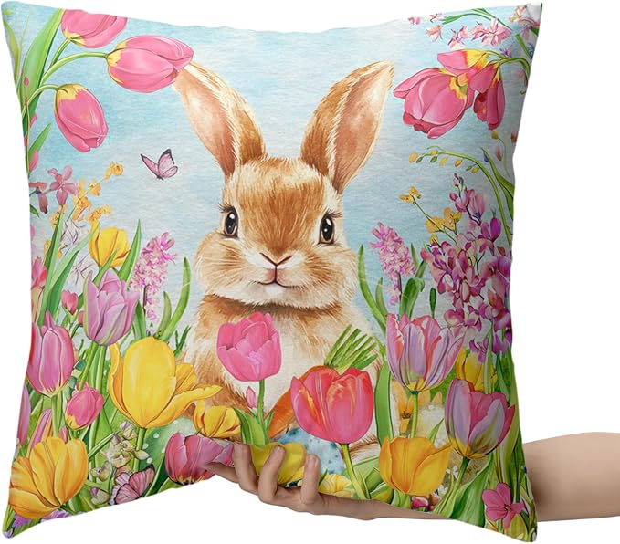 Easter Bunny Pillow Covers 20x20 Set of 2 Lovely Rabbit with Tulip Throw Pillow Covers Spring Pillow Case Floral Cotton Blend Cushion Case for Easter Decor Sofa Patio Garden