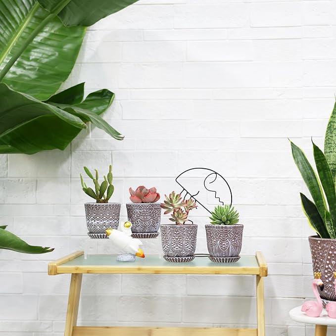 Gepege Ceramic Succulent Pots, 4 Inch Small Plant Pots with Drainage | Ceramic succulent pots with drainage holes, ceramic saucers and mesh pads, set of 4, ideal for cactus and succulents