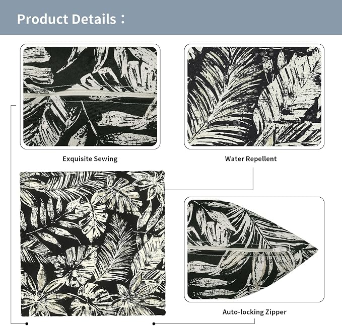 Outdoor Pillow Covers Waterproof 20x20 Inch Set of 2 Tropical Leaf Black Decorative Outside Patio Furniture Cushion Cases Decor for Porch Garden