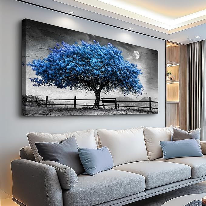 FUHAIHUA Large Wall Decor For Living Room Canvas Wall Art For Office Modern Wall Decorations For Bedroom Black And White Landscape Painting Blue Tree Pictures Artwork Room Home Decor 24x48 In