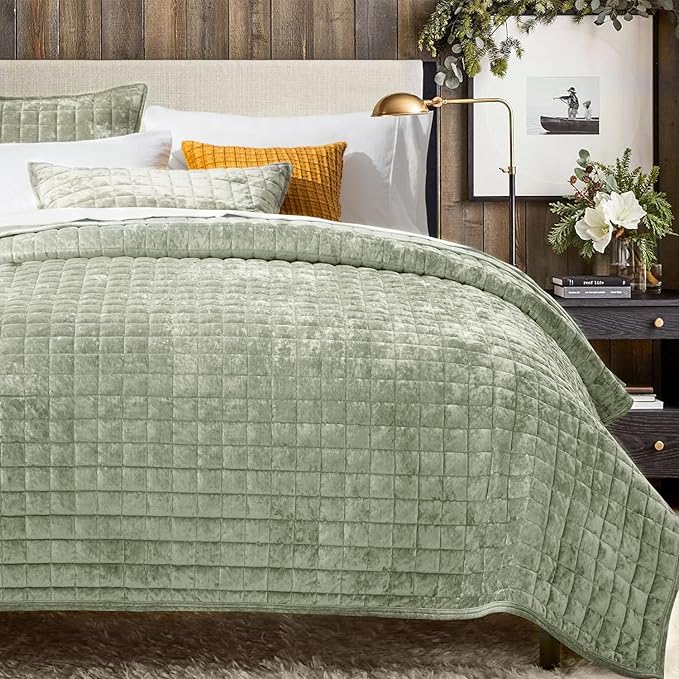 RECYCO Channel Box Stitch Velvet Quilt Set, Full Queen Size, Sage Green | Ultra Soft Lightweight Velvet Comforter, Luxury Oversized Bedspread Coverlet, Quilted Bedding Set for All Season with 2 Shams