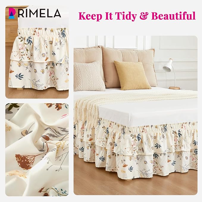 RIMELA Ruffle Bed Skirt Balloon Flower Floral Queen 15 Inch Drop, Elastic Wrap Around Bed Skirting Queen Size, Easy to Install Dust Ruffle, Machine Washable Soft Fabric, Multi Ruffle Bedskirt