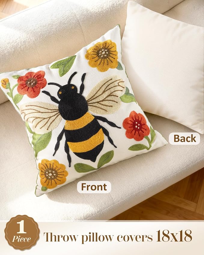 Animal Embroidered Throw Pillow Cover 18x18 Inch, Bee Floral | Decorative Pillow Cover, Farmhouse Cushion Cases with Hidden Zipper, Cottagecore Decor for Couch, Sofa, Living Room