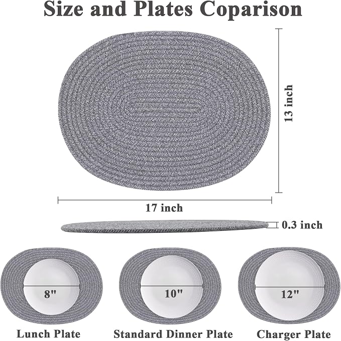Oval Woven Placemats Set of 6, Boho Cotton Rope Braided Table Mats, 17x13 Inches Non Slip Heat Resistant Place Mats for Dining Room, Thick Hot Pads for Farmhouse Kitchen Table Decor. (Gray)