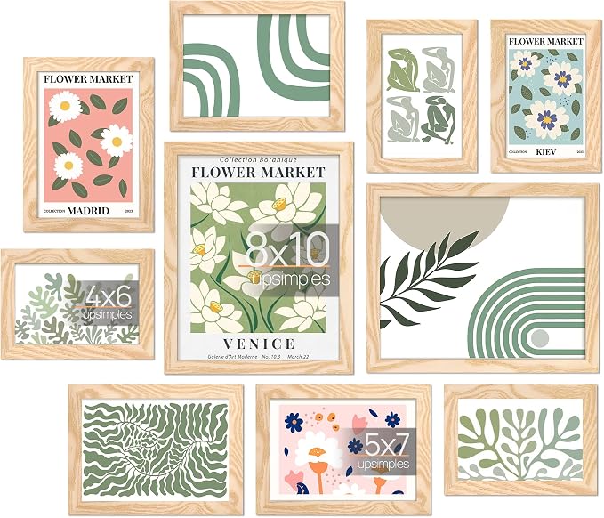 upsimples Picture Frames Set of 10, Including 8x10, 5x7, 4x6 Natural Frame | Multi Picture Frames Collage Wall Decor, Gallery Wall Frame Set, Gift For Christmas, Mothers' day, Wedding, Dorm, Living Room