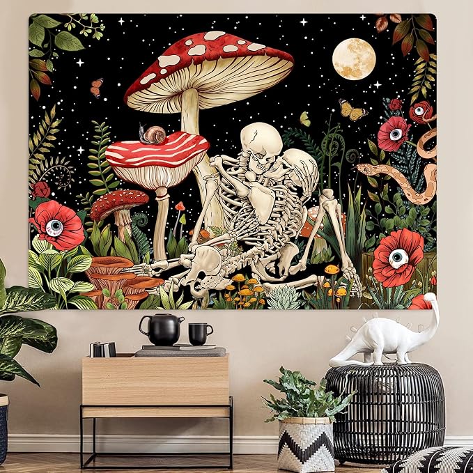Accnicc Mushroom Skull Tapestry Skeleton Floral Plant Flower Aesthetic Bedroom Tapestries Nature Moon Wall Tapestry for Dorm Living Room (48'' × 36'')