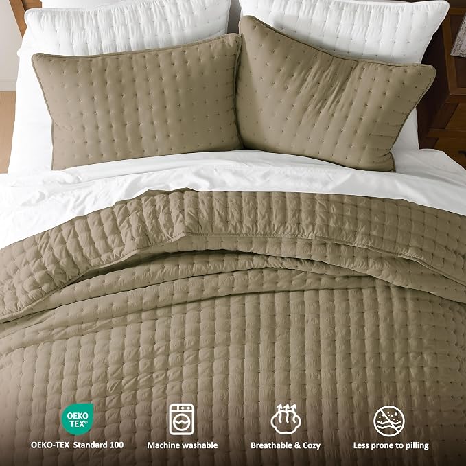 WDCOZY California Oversized Cal King Size Quilt Bedding Sets with 2 Pillow Shams, Lightweight Soft Bedspread Coverlet Bed Cover for All Season, 3 Pieces, 116x106 inches, Taupe