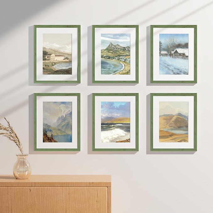 Vittanly 11x14 Picture Frames Set of 9 for Wall Mounting, Rustic Green | Display Pictures 8x10 with Mat or 11x14 without Mat, Engineered Wood with Shatter Resistant Plexiglass, Gallery Photo Frames