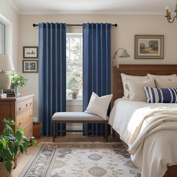 Navy Curtains 38 Inch Wide for Living Room 2 Panels Set Back Tab Rod Pocket Light Filtering Semi Sheer Linen Skinny Small Dark Blue Curtain for Windows Bedroom Closet Doors Nautical Width 38 x 96 Long
