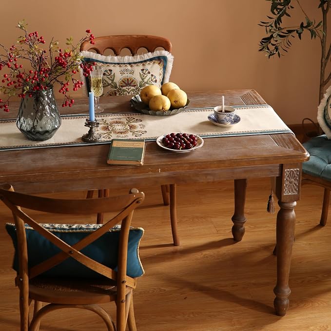 Patdrea Designer Vintage French Linen Table Runner,12"X87"-Wensel E | Elegant Tablerunner 87 Inches Long,Colorful Floral Pattern,Thanksgiving Dining Table Decor for Living Room Banquet