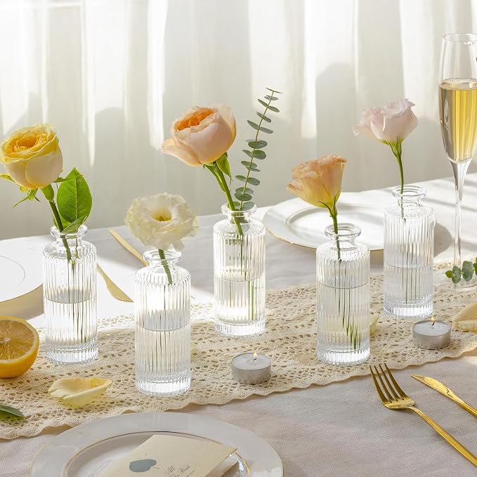ComSaf Glass Small Bud Vases in Bulk 6 Pcs 5.2 Inch, Clear Flower Vases | Vintage Ribbed Style, Mini Bouquet Display, Wedding Centerpiece, Home Decor, Housewarming Gift, Valentine's Day, Mother's Day